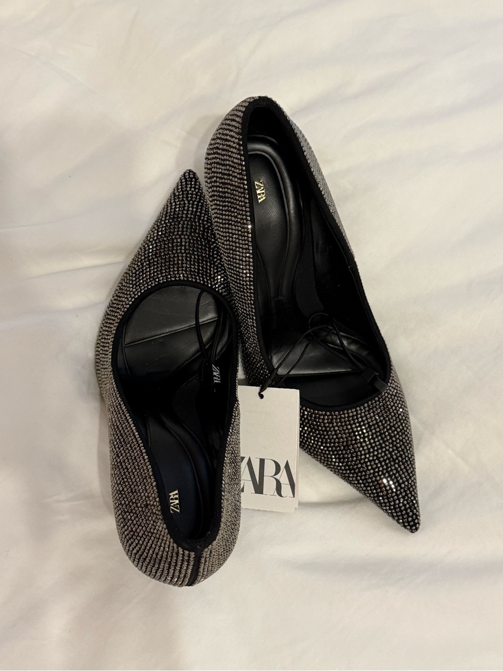 NWT ZARA Women's Black Bedazzled Rhinestone Sparkle Pointed Toe Heels US 5